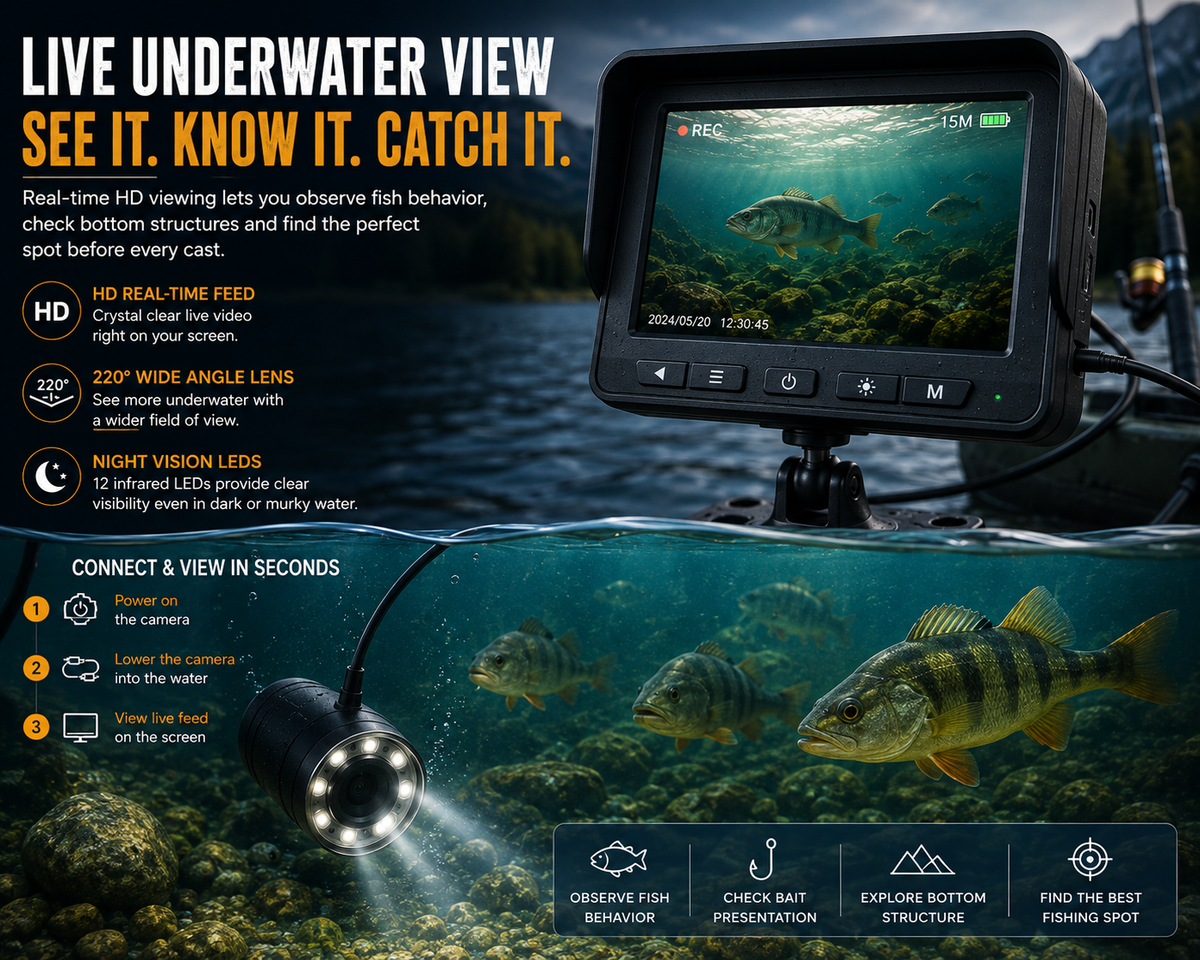AquaVision underwater camera showing a live view of fish beneath the surface