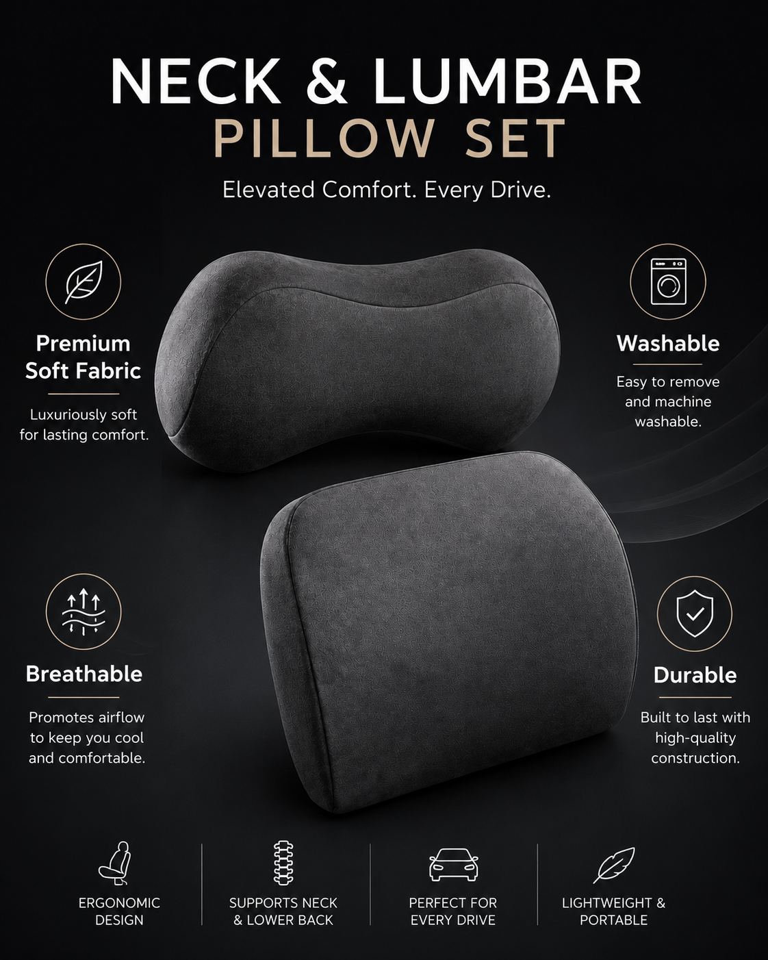 Premium Ergonomic Car Neck & Lumbar Support Cushion Set